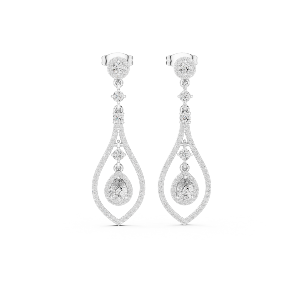 White gold pear-cut gemstone and diamond drop earrings, front view with teardrop drops