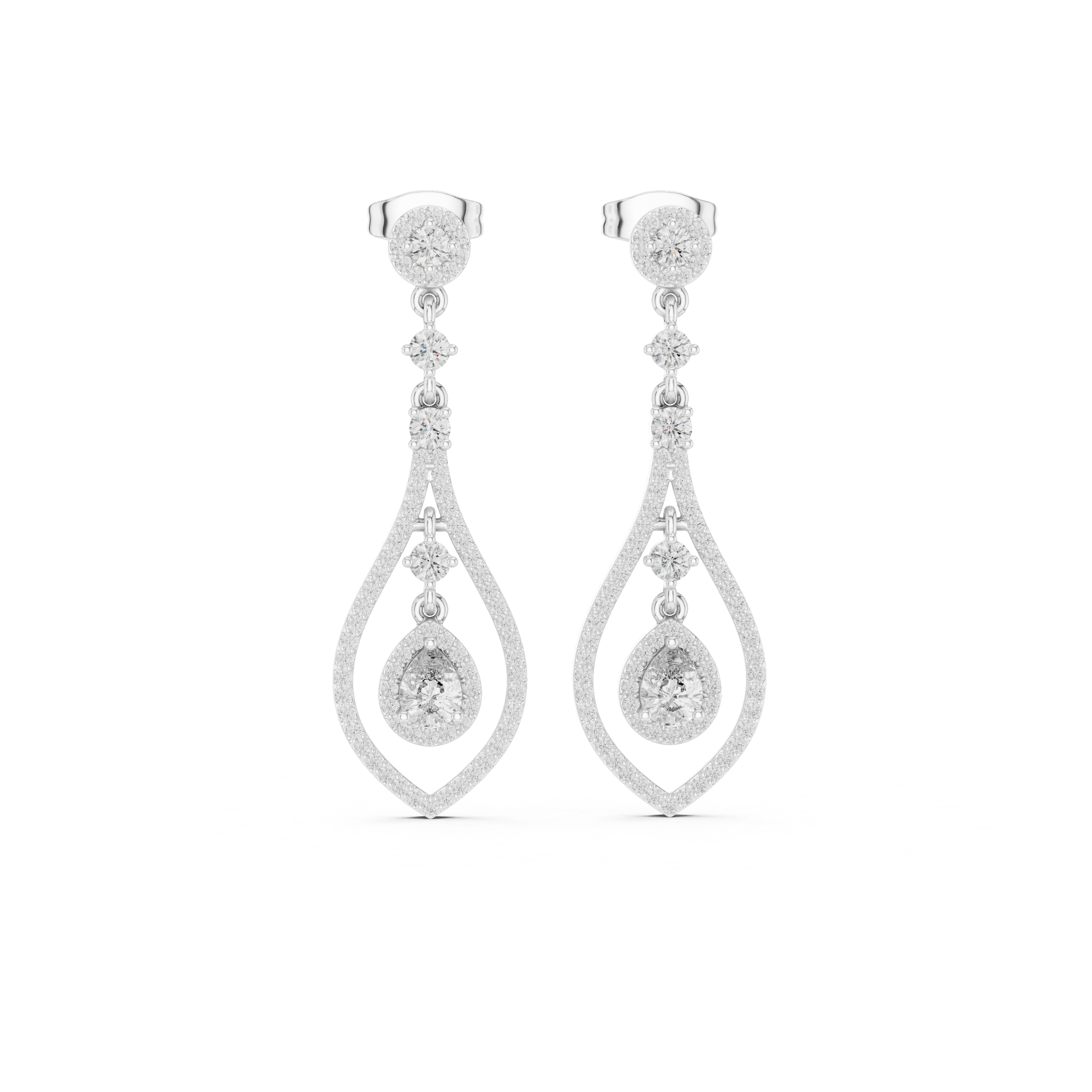 White gold pear-cut gemstone and diamond drop earrings, front view with teardrop drops