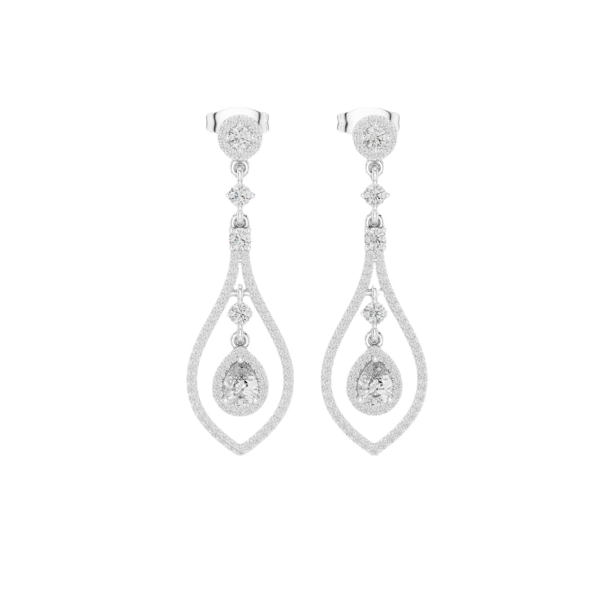 White gold pear-cut gemstone and diamond drop earrings, front view with teardrop drops