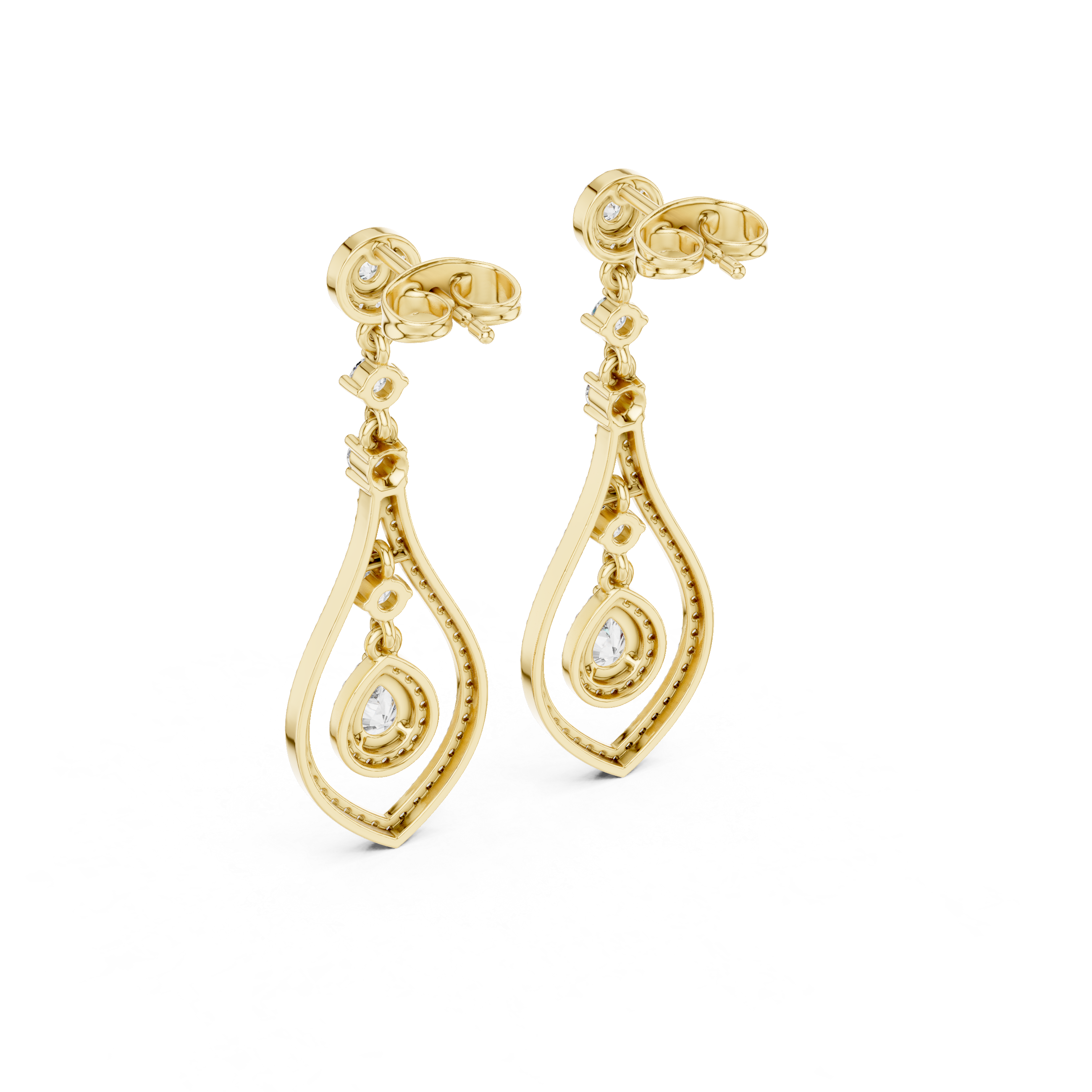 Yellow gold pear-cut gemstone and diamond drop earrings, side view showing pear frames