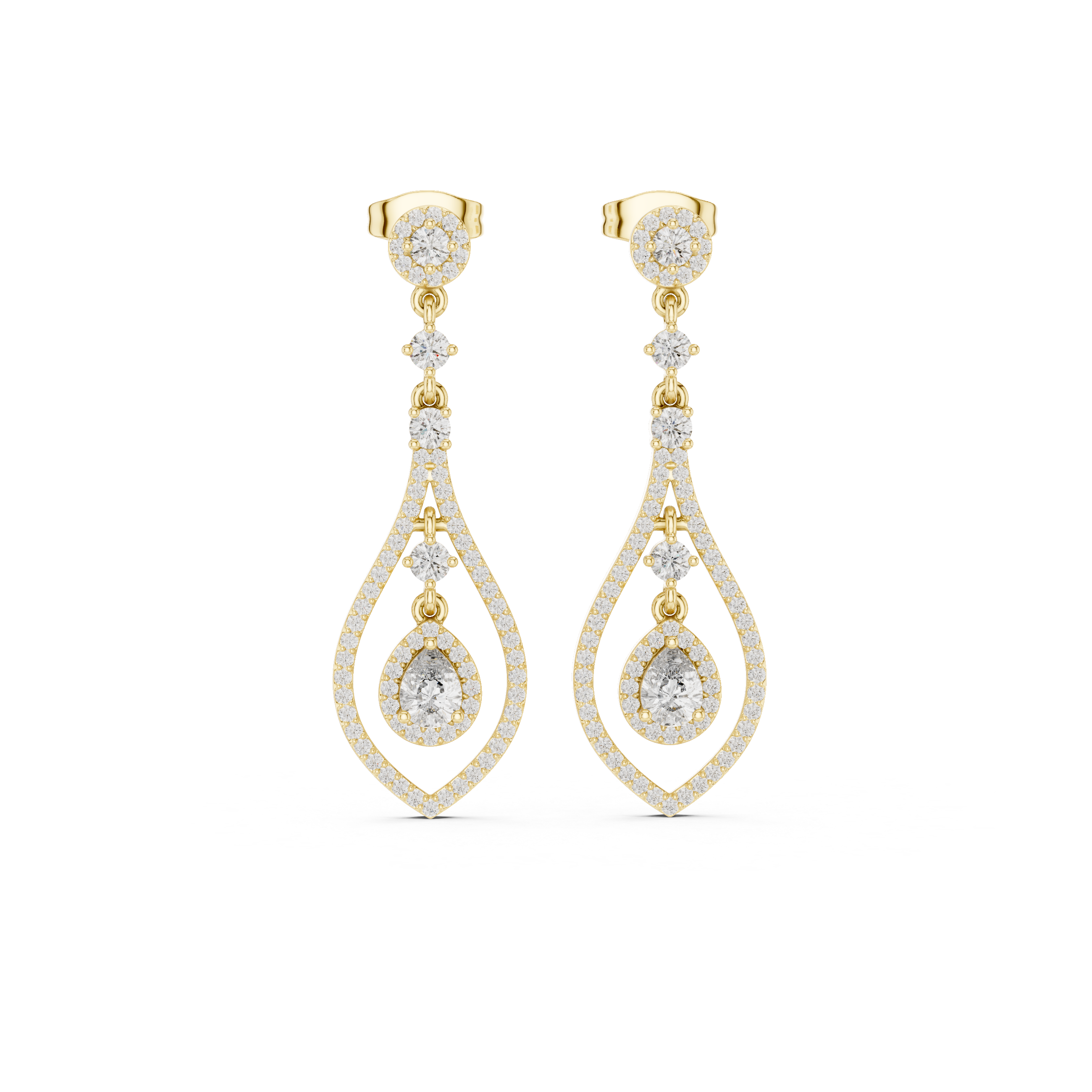 Yellow gold chandelier drop diamond earrings with pear-shaped and round diamond drops