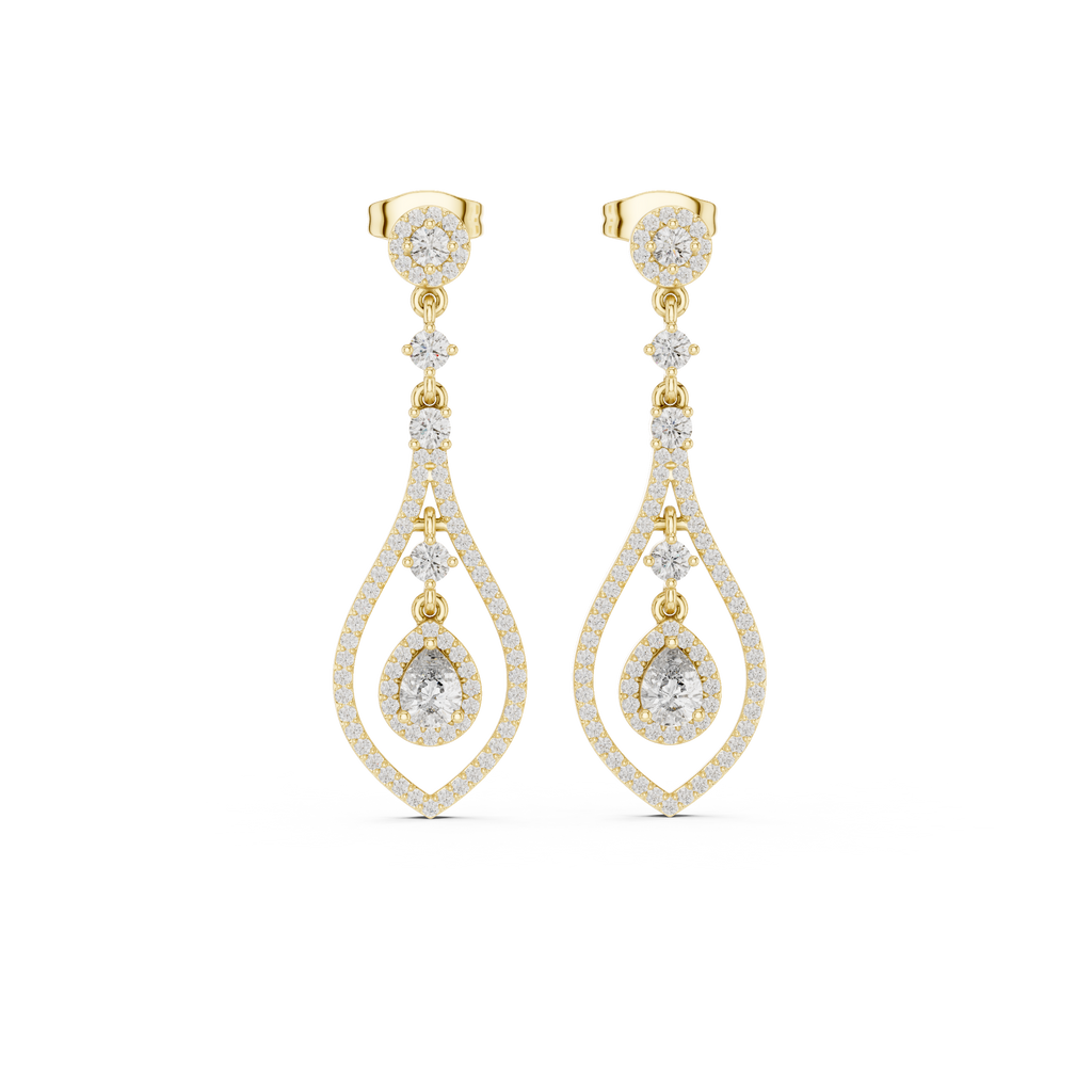 Yellow gold pear-cut gemstone and diamond drop earrings, front view with teardrop drops
