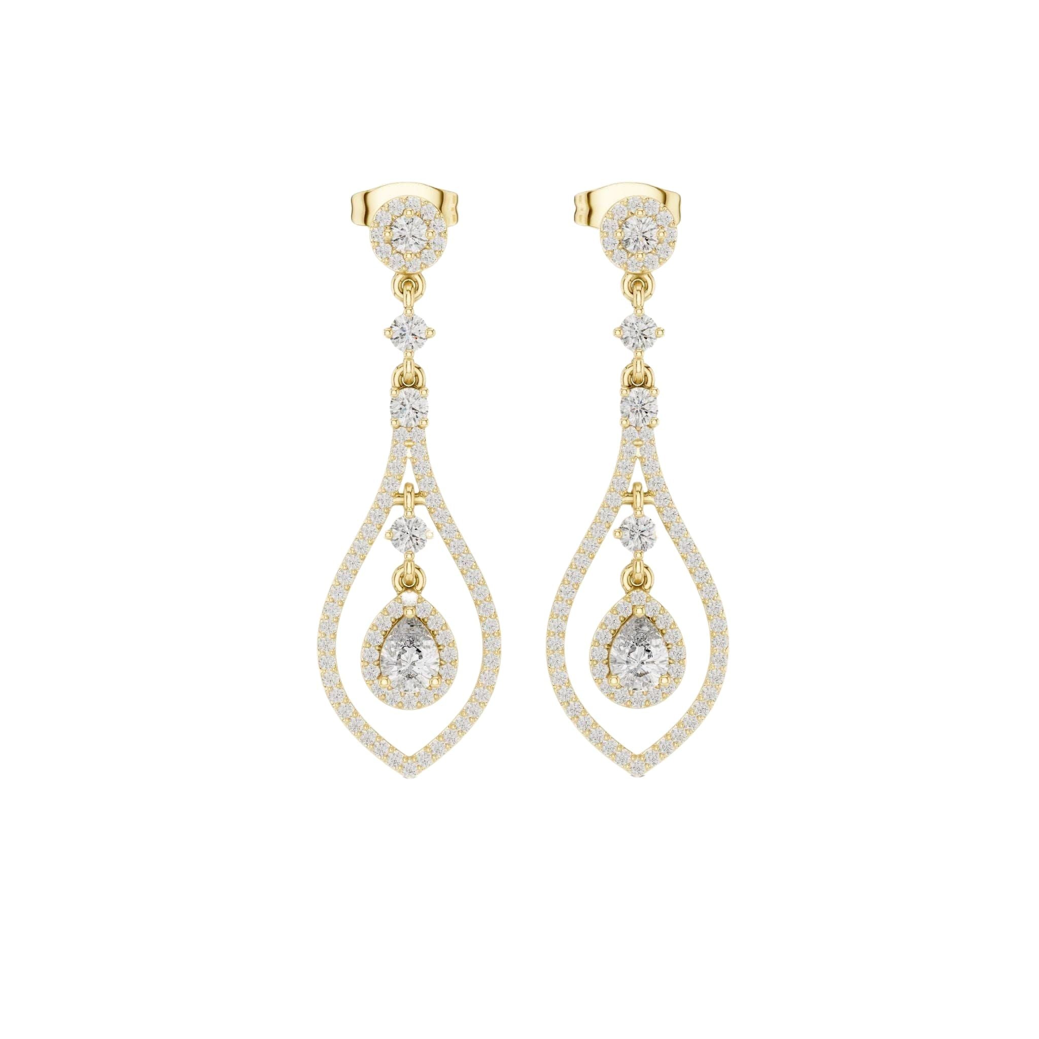 Yellow gold chandelier drop diamond earrings with pear-shaped and round diamond drops