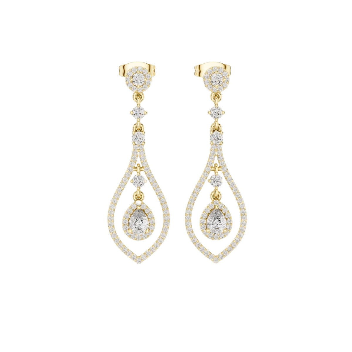 Yellow gold chandelier drop diamond earrings with pear-shaped and round diamond drops