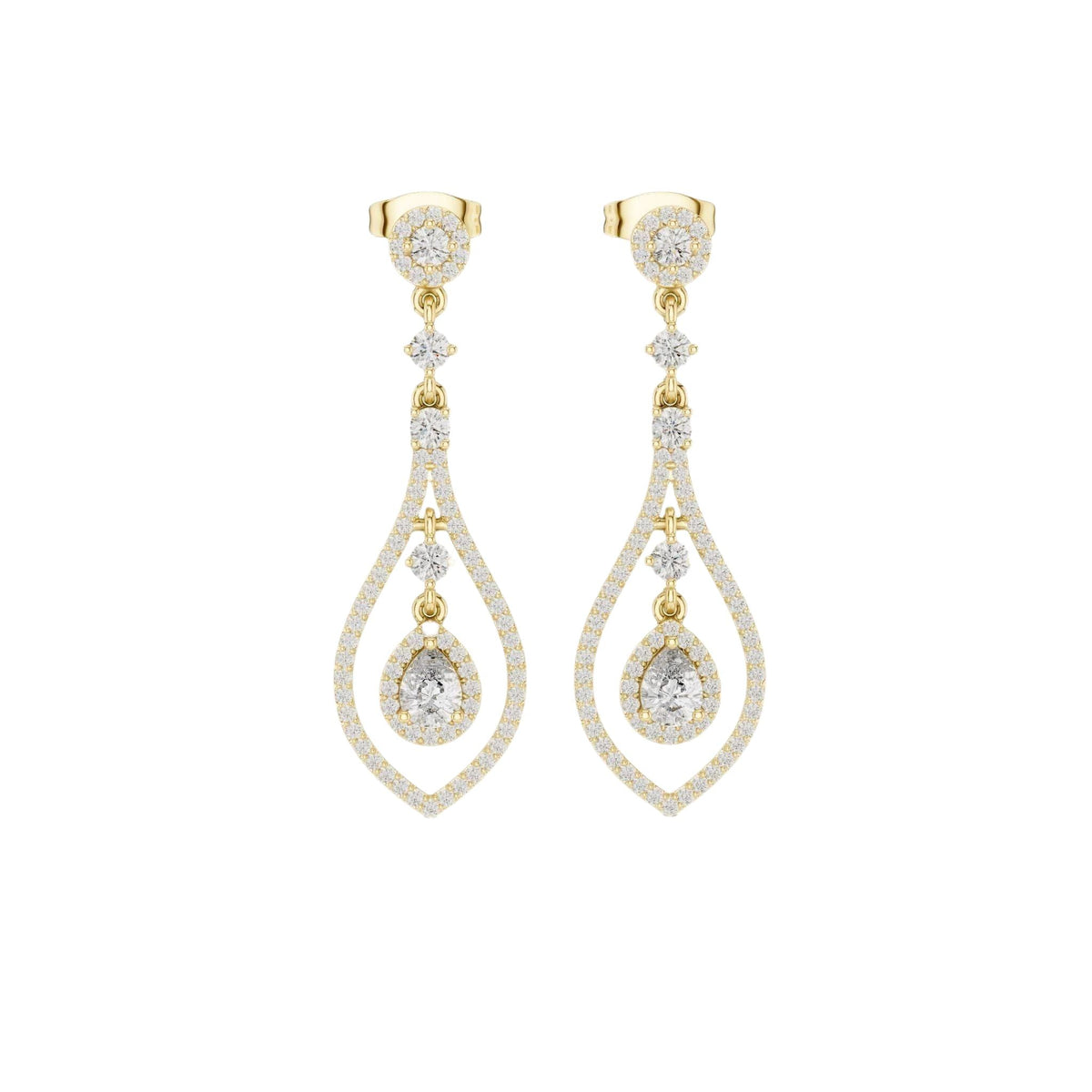 Yellow gold chandelier drop diamond earrings with pear-shaped and round diamond drops