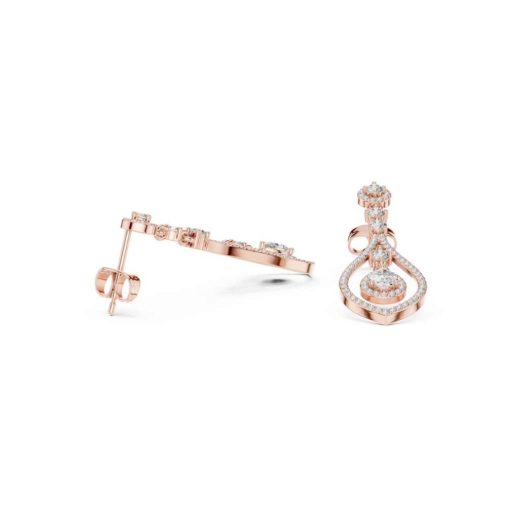 Dangling pear-shaped gemstone and diamond halo earrings, rose-gold tone