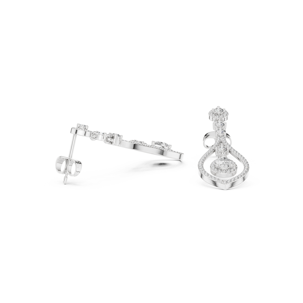 White gold pear-cut gemstone and diamond drop earrings with lever back, profile view
