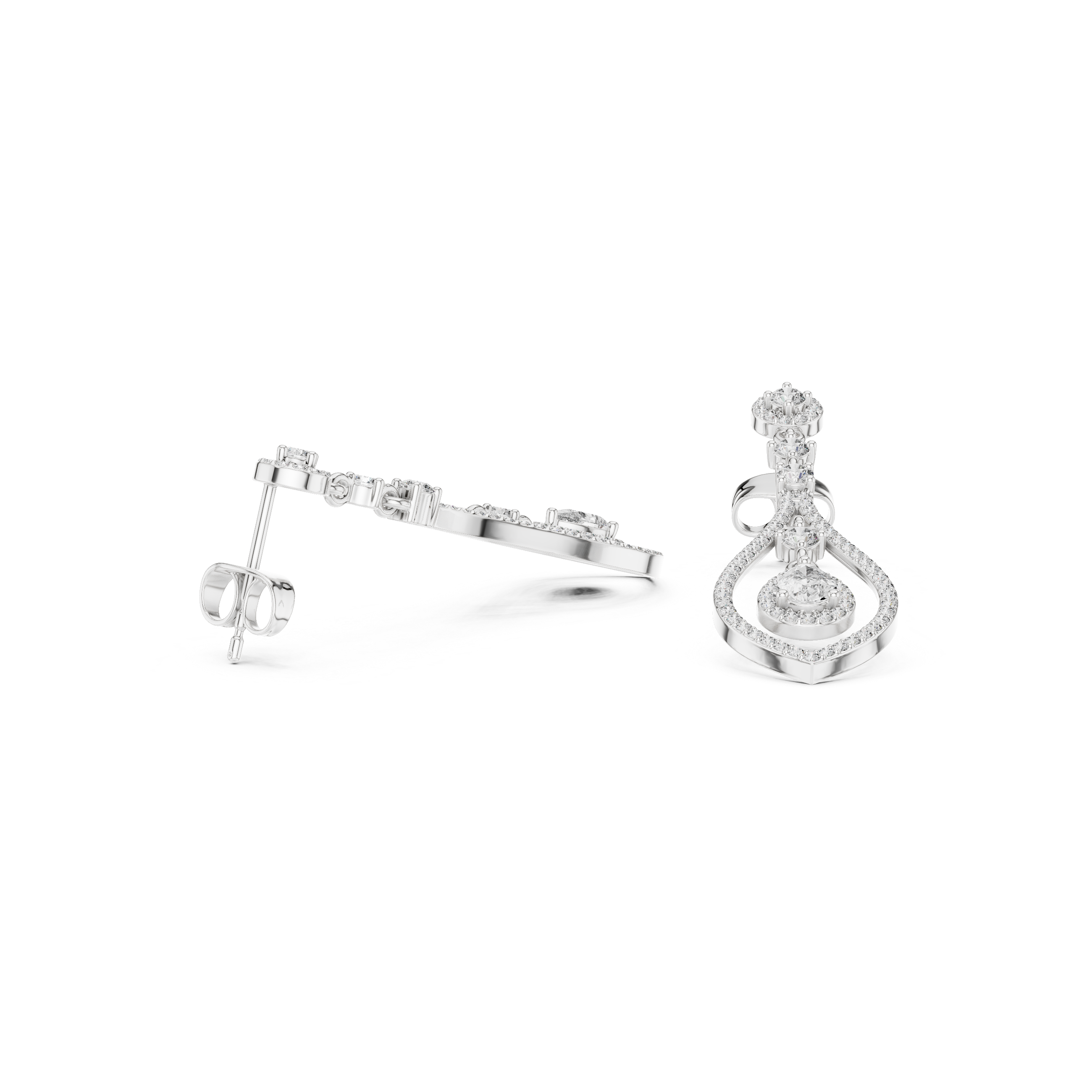 White gold pear-cut gemstone and diamond drop earrings with lever back, profile view