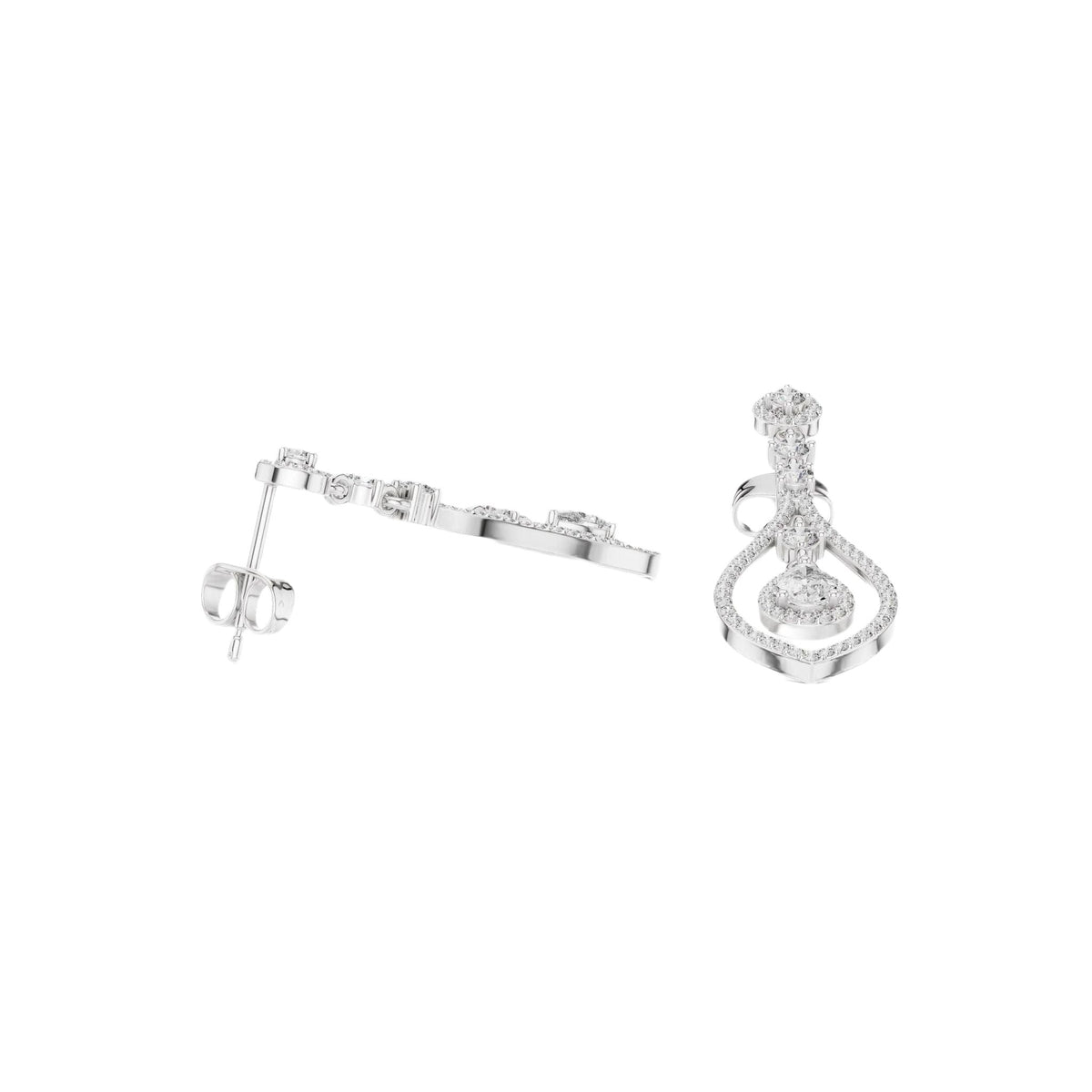 White gold chandelier drop diamond earrings with pear-shaped teardrop diamonds, side view