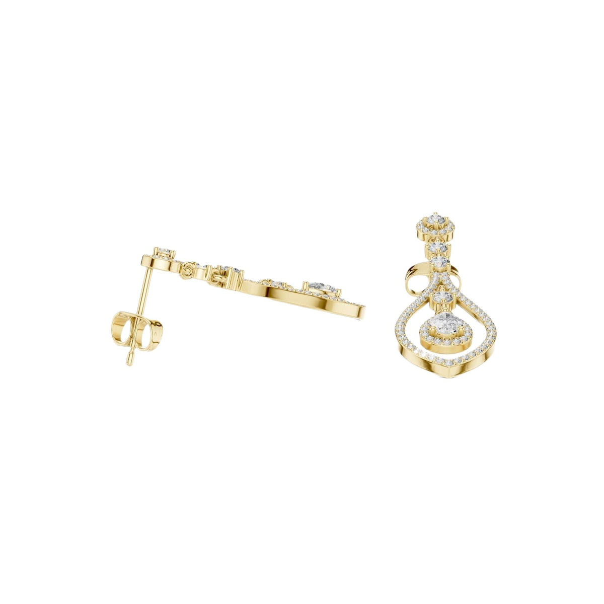 Yellow gold chandelier drop diamond earrings with pear-shaped teardrop diamonds, side view