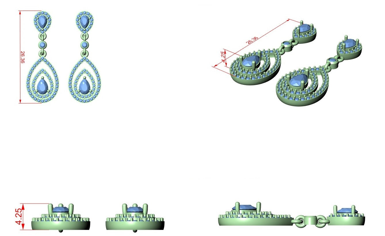 Pear-drop tiered halo earring design diagram with stone outlines
