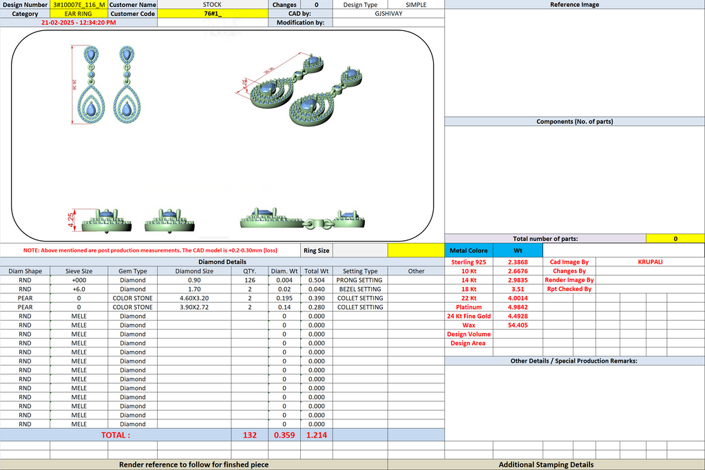 Earring design CAD sheet showing pear-drop tiered halo layout