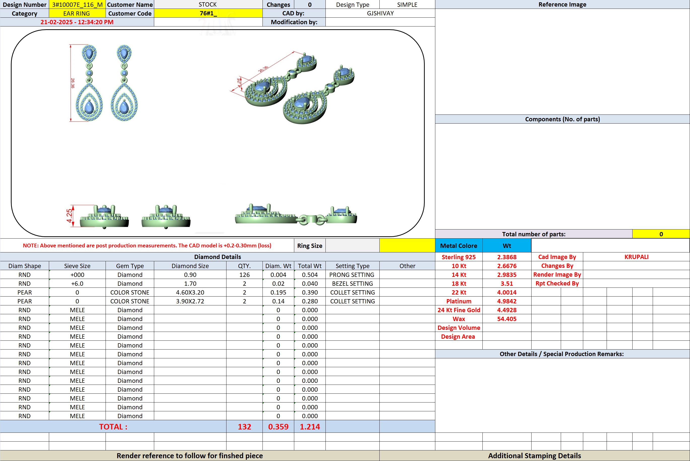 Earring design CAD sheet showing pear-drop tiered halo layout