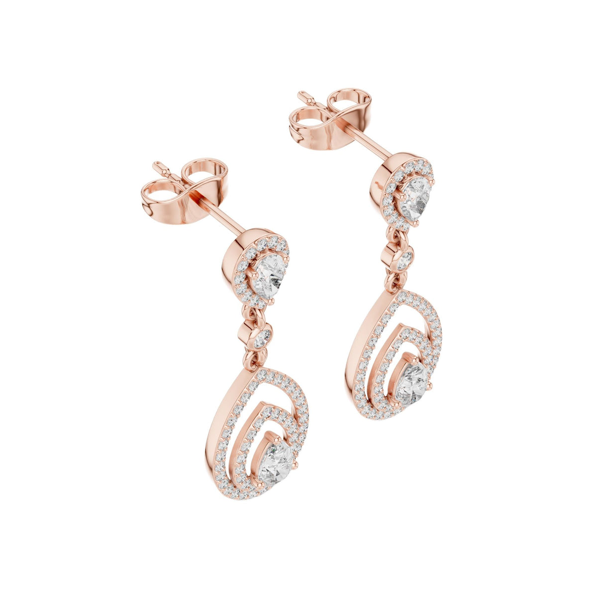 Rose gold pear drop earrings with tiered halo clear stones, hinged stud backs