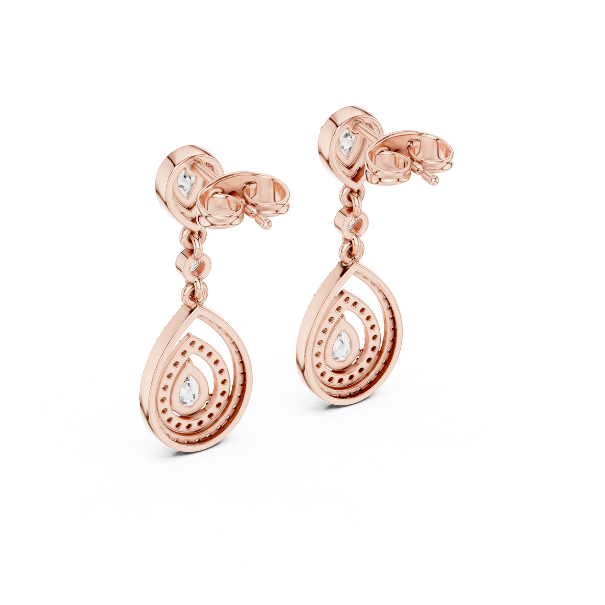 Rose gold pear drop earrings with round halo center and dangling pear halo charms