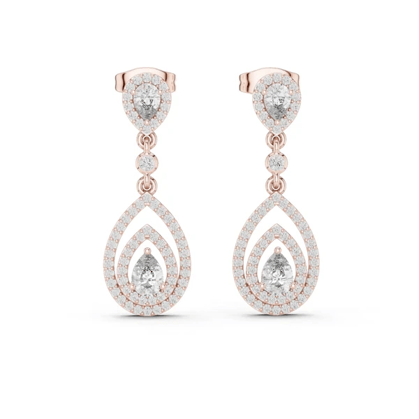 Rose gold tiered halo pear drop earrings with round and pear-cut center stones