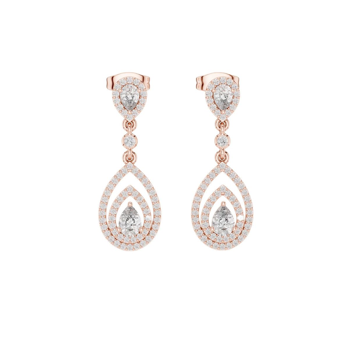 Rose gold pear drop earrings with pavé halo teardrop stones and small dangling drops