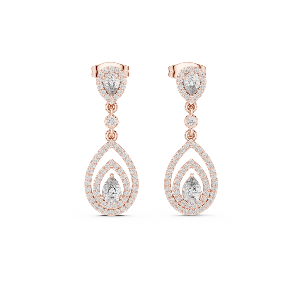 Rose gold pear drop earrings with pavé halo teardrop stones and small dangling drops