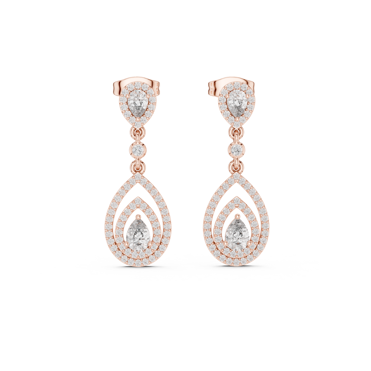 Rose gold pear drop earrings with pavé halo teardrop stones and small dangling drops