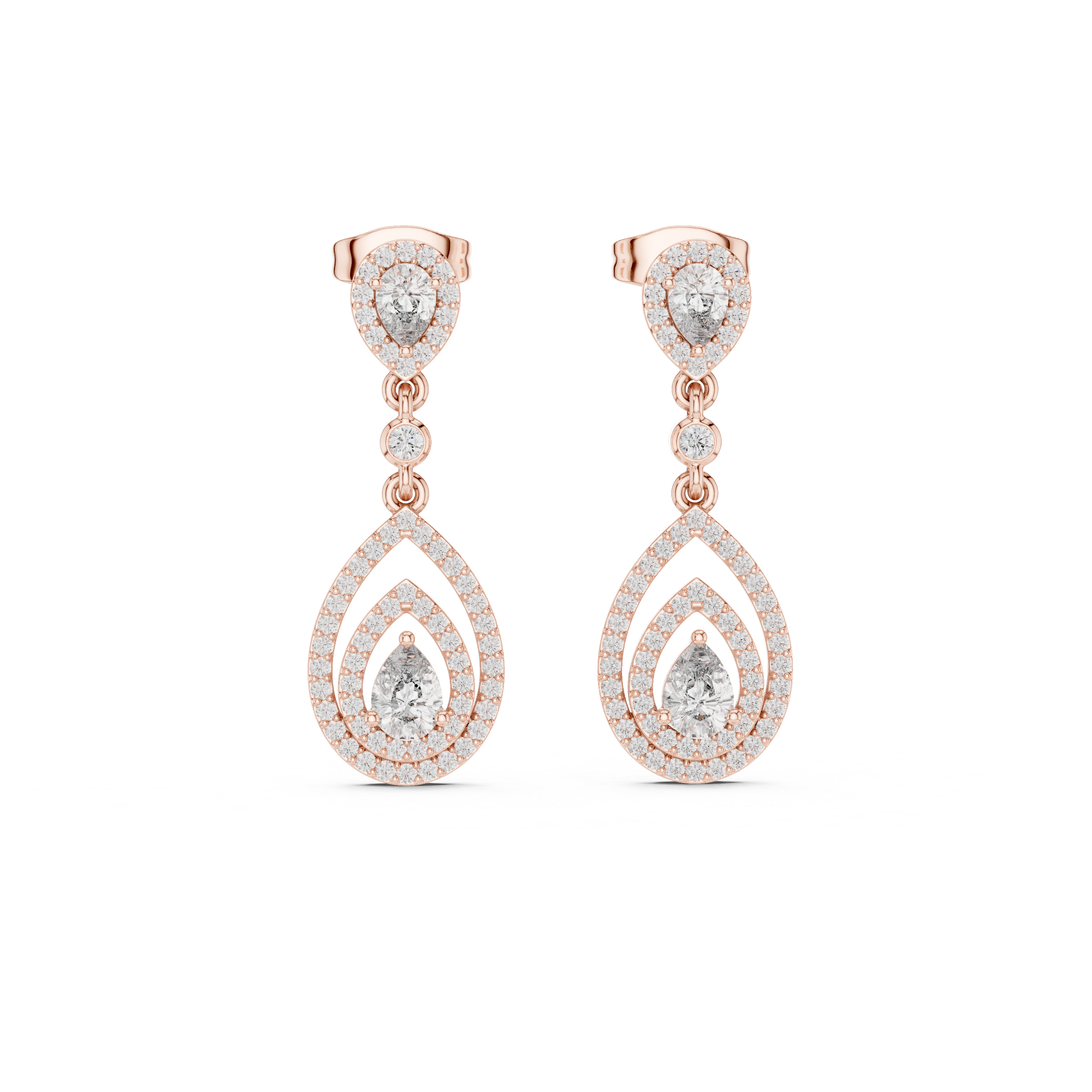 Rose gold pear drop earrings with pavé halo teardrop stones and small dangling drops