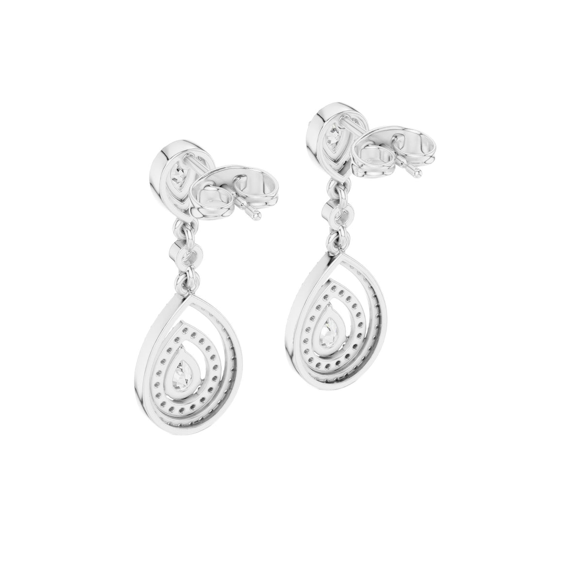 White gold pear drop earrings with oval halo center and dangling pear halo drops