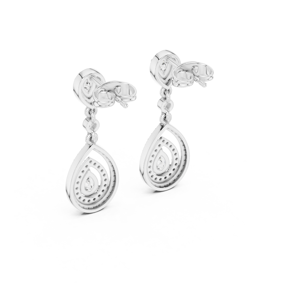White gold pear drop earrings with oval halo center and dangling pear halo drops