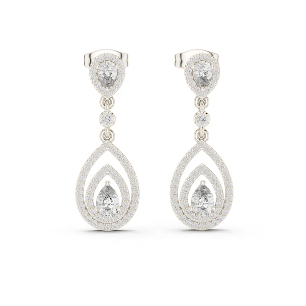 White gold tiered halo pear drop earrings with round and pear-cut center stones