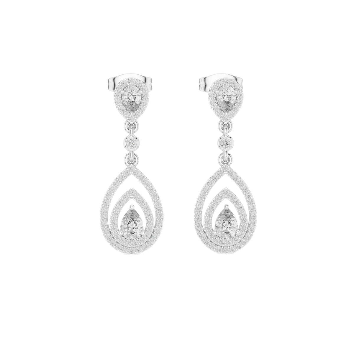 Pear-cut diamond drop earrings with teardrop stones, white gold setting.
