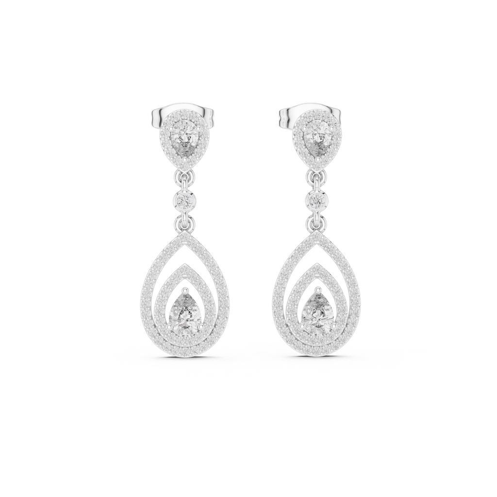 White gold pear drop earrings with pavé teardrop halos and small dangling accents