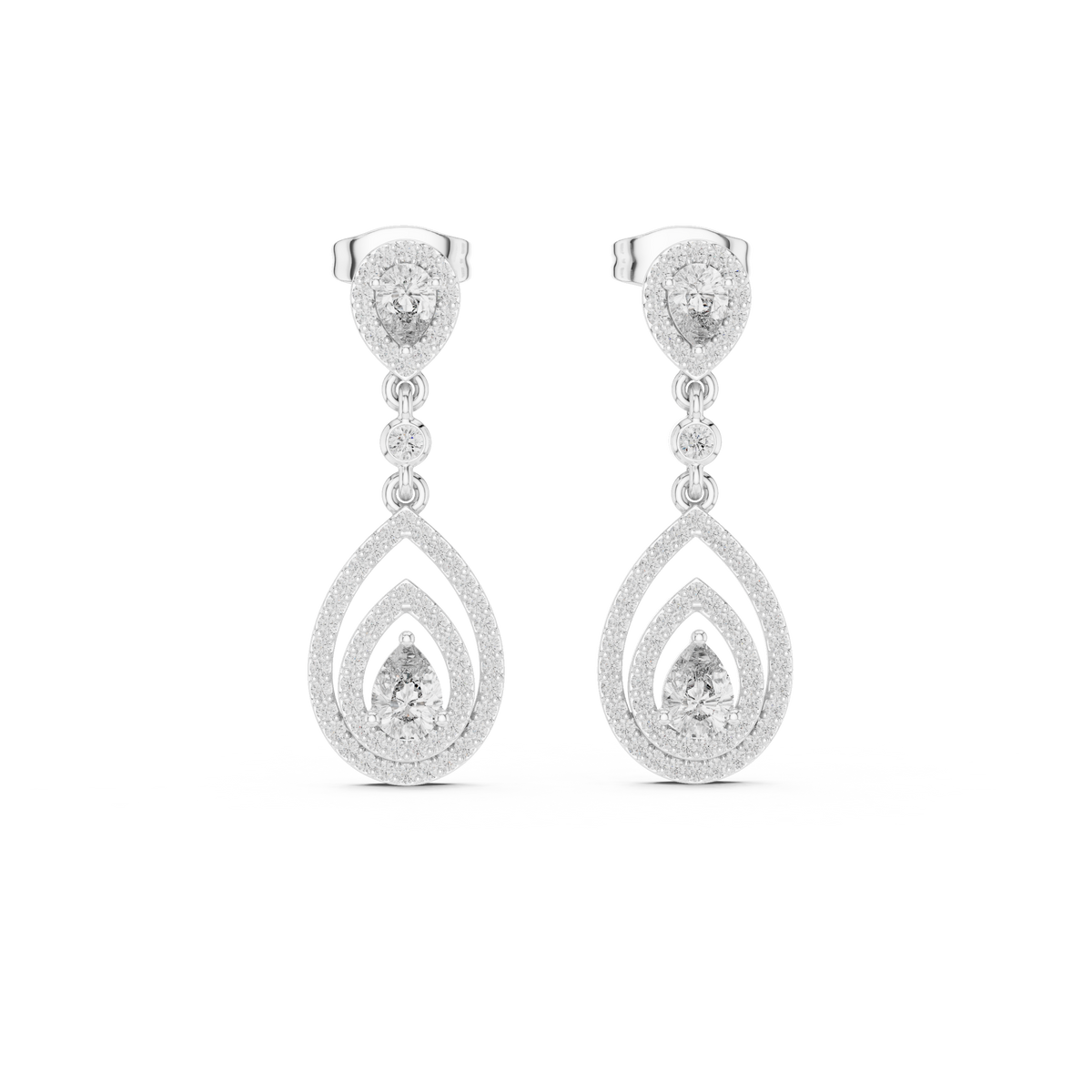 Pear-cut diamond drop earrings with teardrop stones, white gold setting.