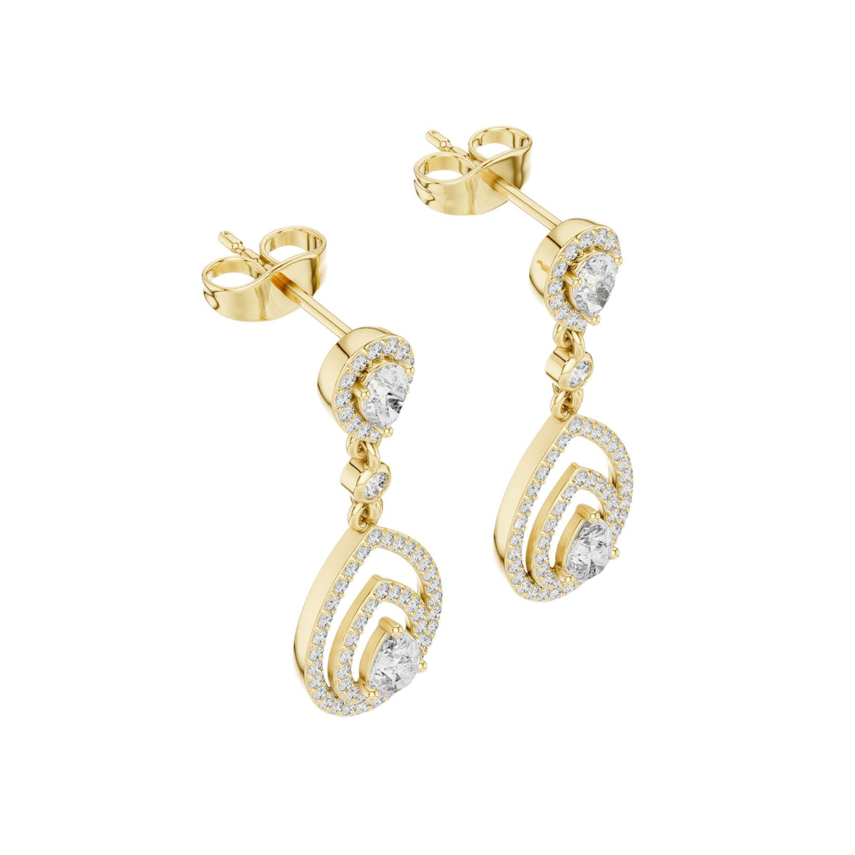 Pear-cut diamond drop earrings in yellow gold, dangling teardrop silhouette.