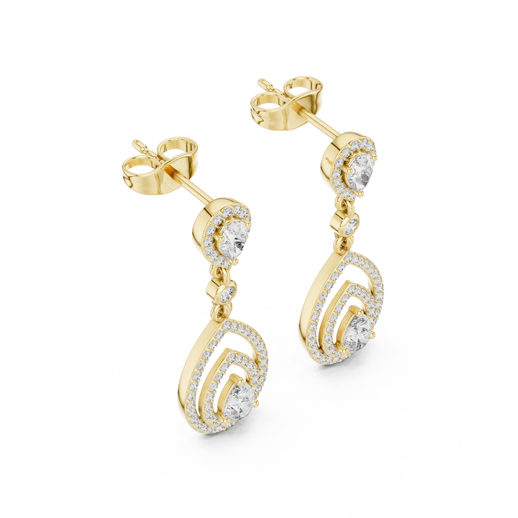 Yellow gold pear drop earrings with tiered halo clear stones and stacked teardrop drops