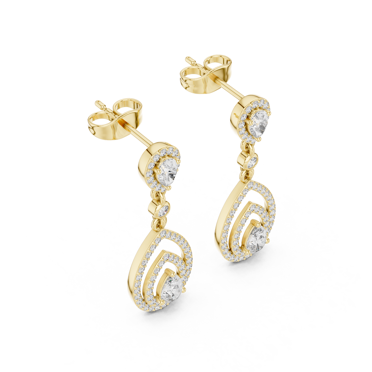 Pear-cut diamond drop earrings in yellow gold, dangling teardrop silhouette.