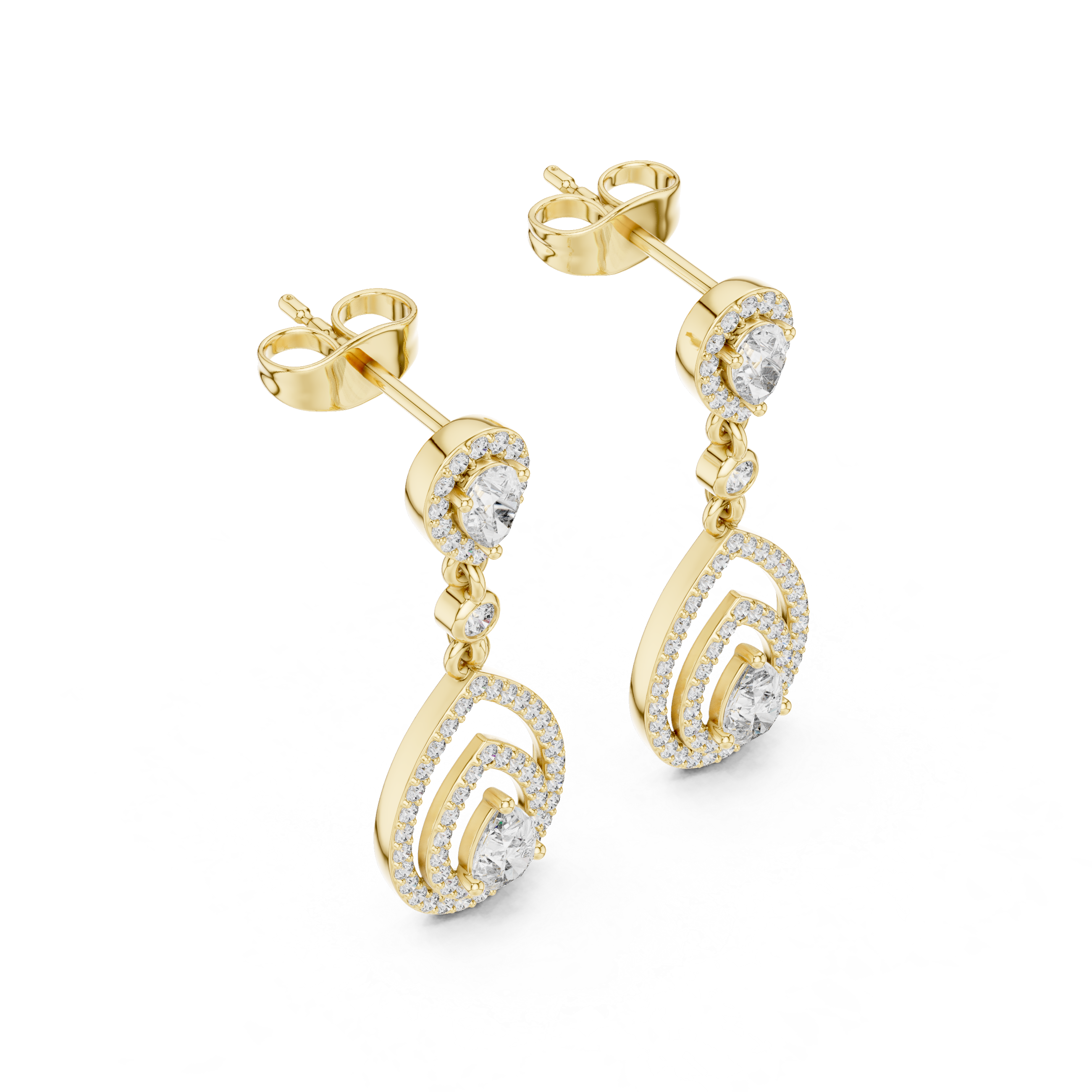 Yellow gold pear drop earrings with tiered halo clear stones and stacked teardrop drops