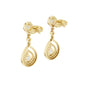 Pear-cut diamond drop earrings in yellow gold, teardrop drops with halo details.