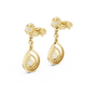 Pear-cut diamond drop earrings in yellow gold, teardrop drops with halo details.
