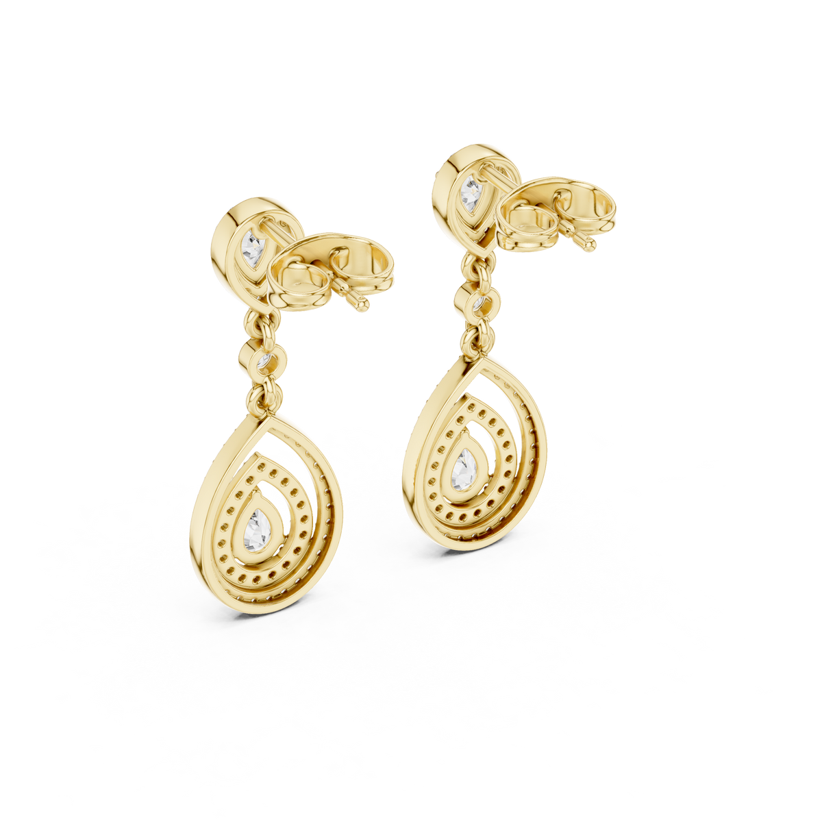 Pear-cut diamond drop earrings in yellow gold, teardrop drops with halo details.