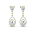 Yellow gold tiered halo pear drop earrings with round and pear-cut center stones