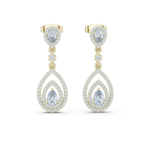 Yellow gold tiered halo pear drop earrings with round and pear-cut center stones