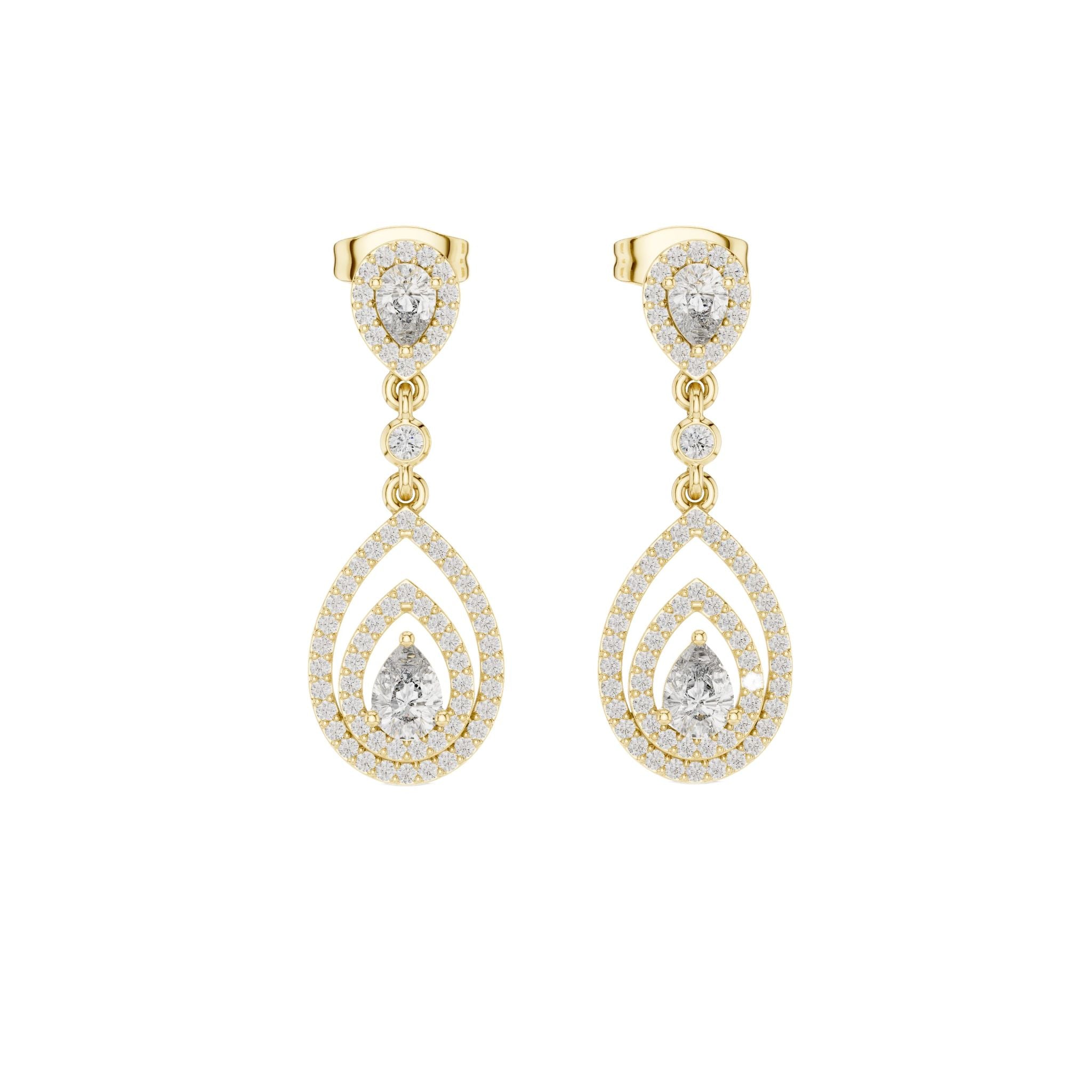 Pear-cut diamond drop earrings with two teardrop pear stones, yellow gold setting.