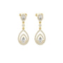 Pear-cut diamond drop earrings with two teardrop pear stones, yellow gold setting.
