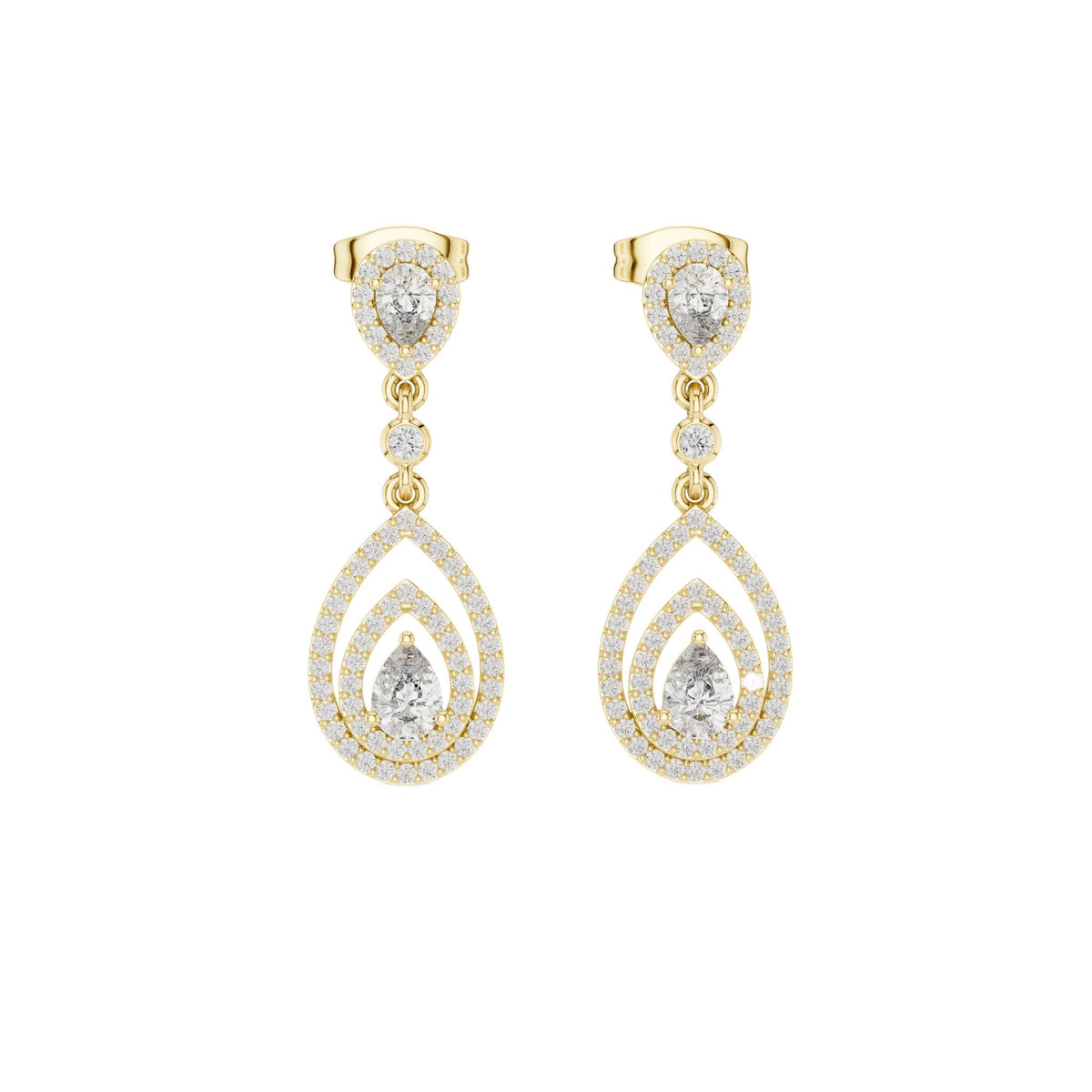 Pear-cut diamond drop earrings with two teardrop pear stones, yellow gold setting.