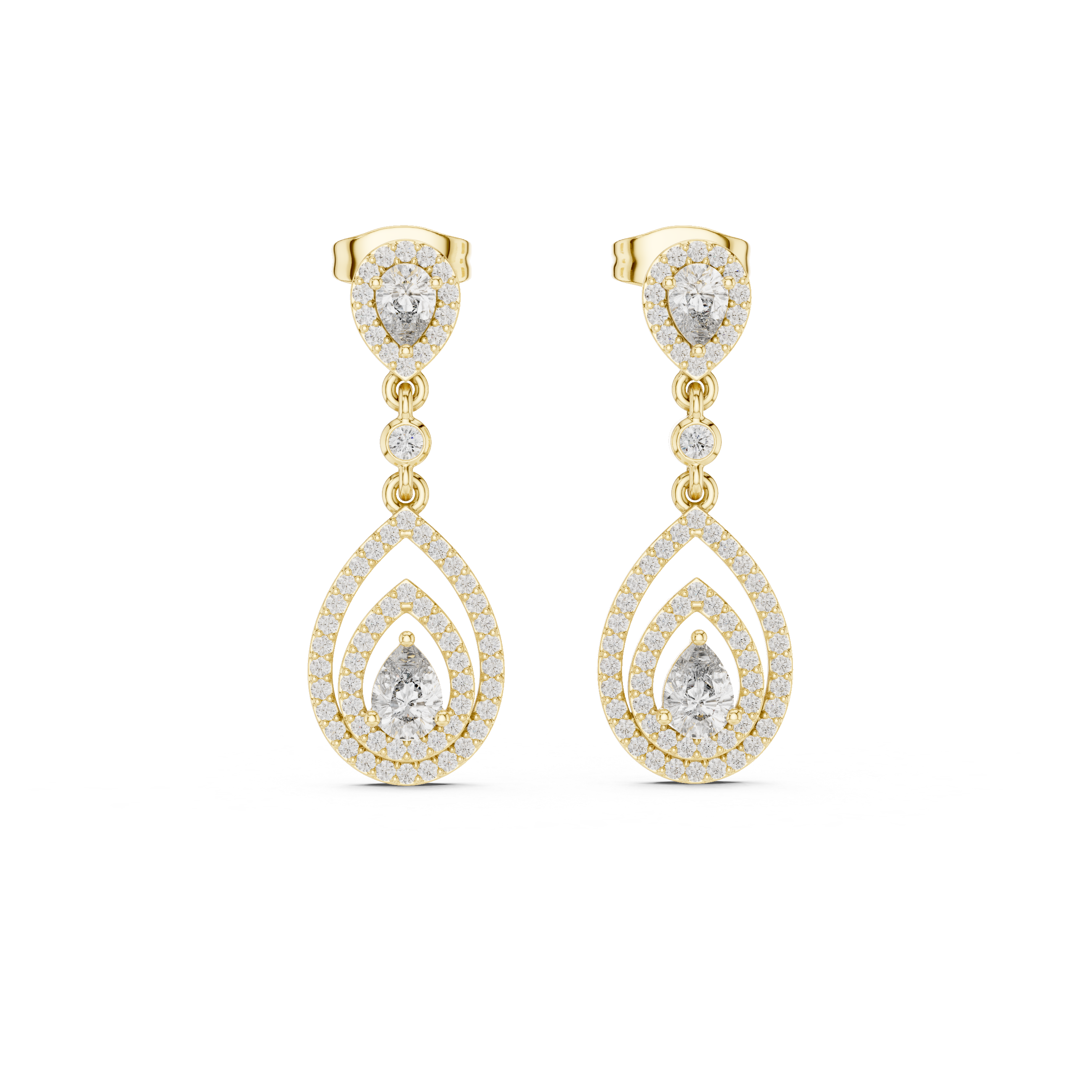 Pear-cut diamond drop earrings with two teardrop pear stones, yellow gold setting.