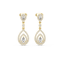 Pear-cut diamond drop earrings with two teardrop pear stones, yellow gold setting.