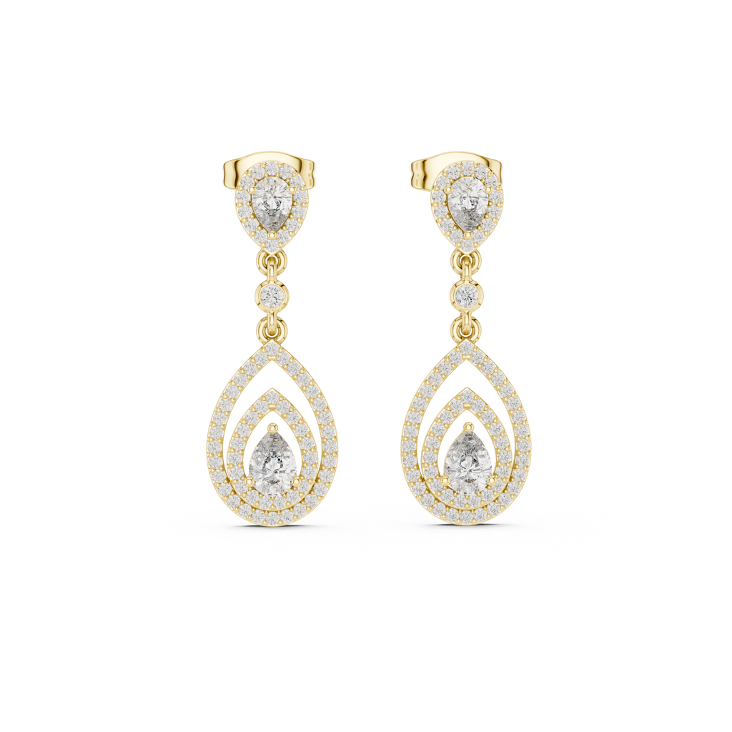 Yellow gold pear drop earrings with pavé halo teardrop stones and small dangling drops