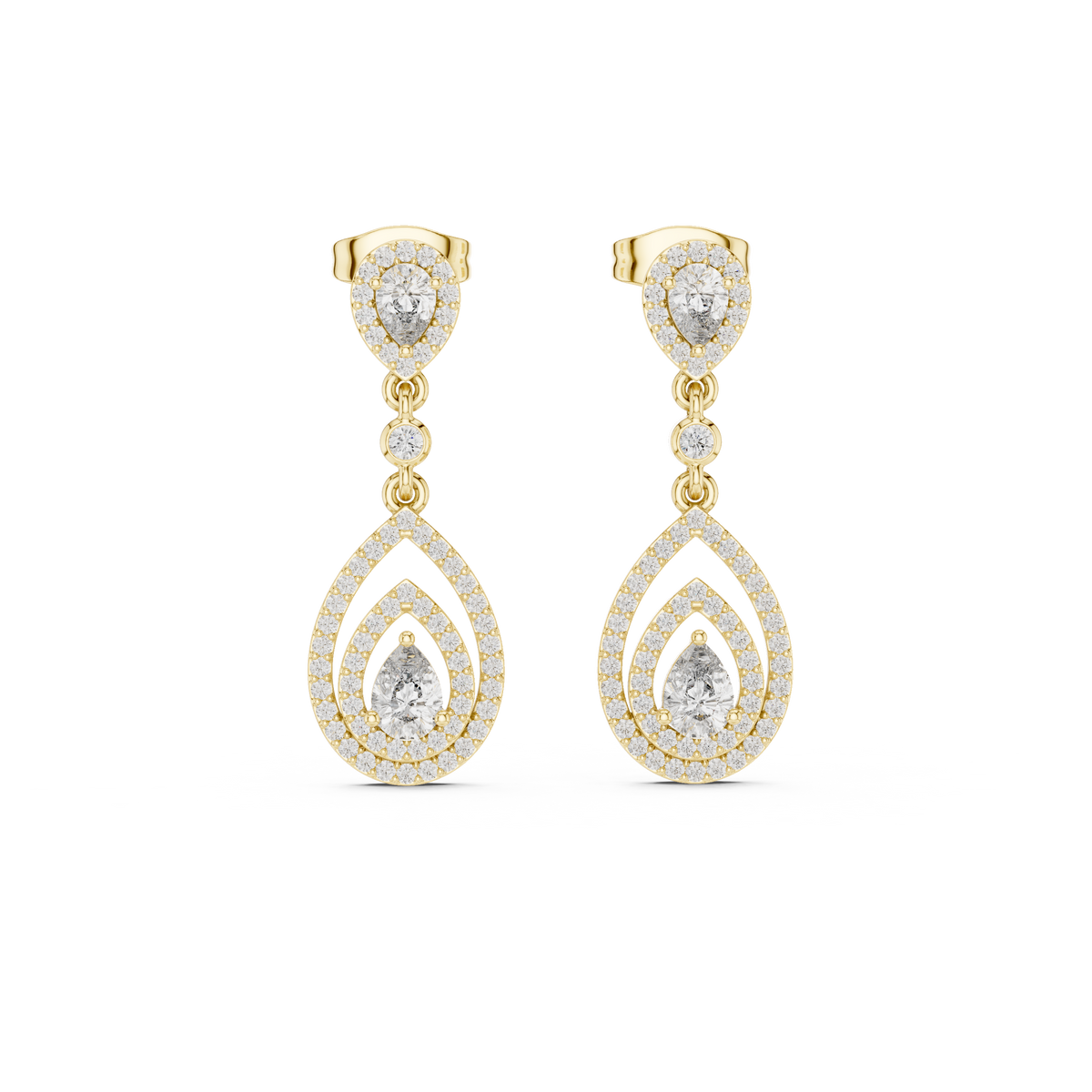Pear-cut diamond drop earrings with two teardrop pear stones, yellow gold setting.