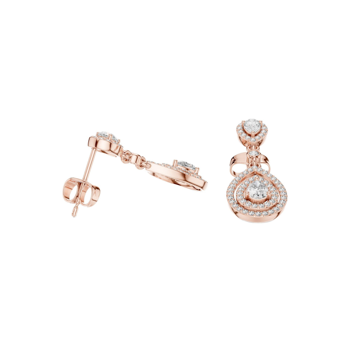 Pear-cut diamond drop earrings in rose gold, pear-shaped stones with halo accents.