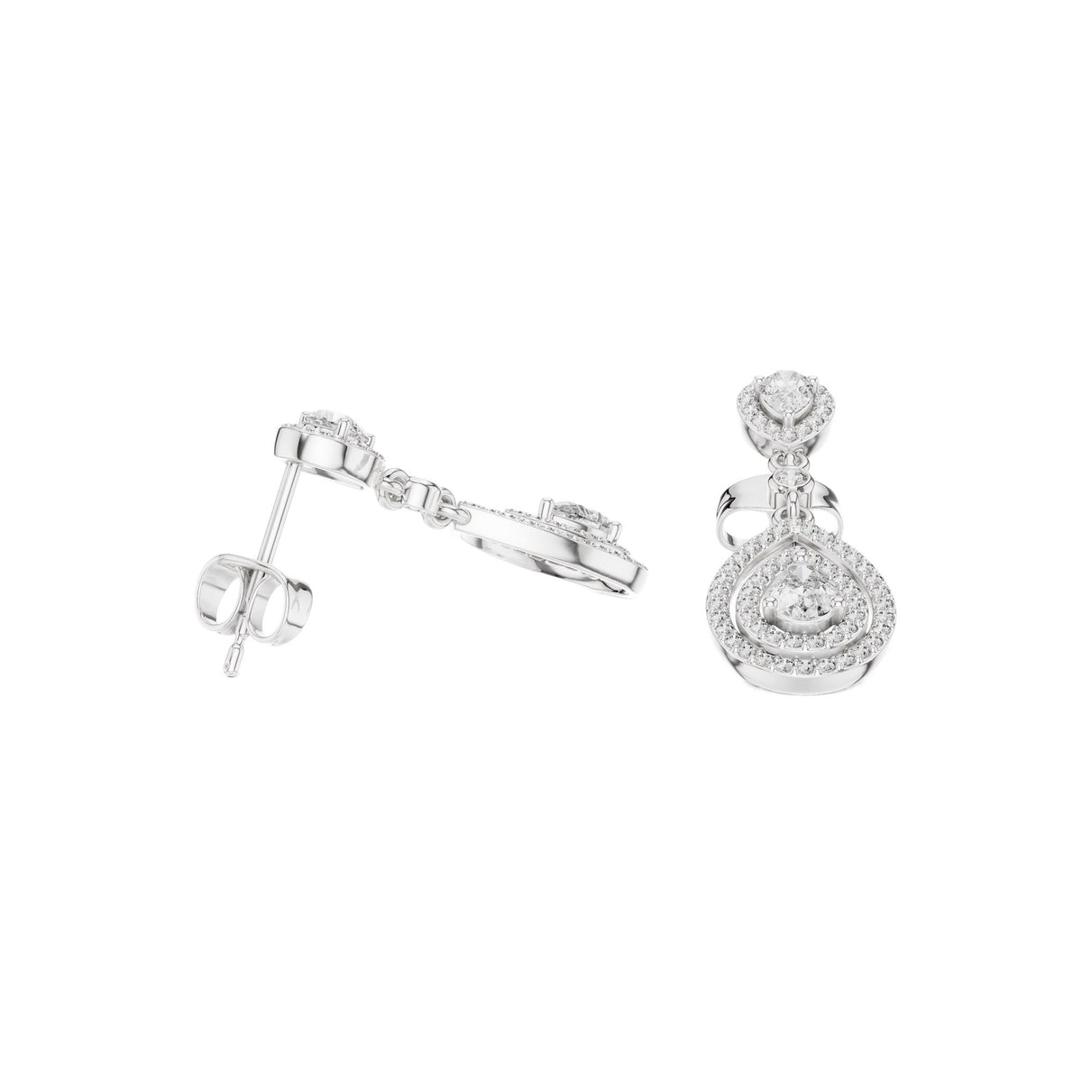 Pear-cut diamond drop earrings in white gold, teardrop stones with pavé halo details.