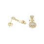 Pear-cut diamond drop earrings in yellow gold, pear-shaped stones with halo accents.