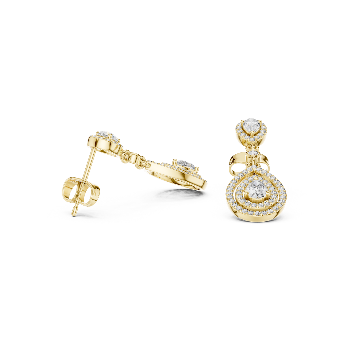 Pear-cut diamond drop earrings in yellow gold, pear-shaped stones with halo accents.